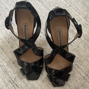 Manolo Blahnik black strappy patent leather heels size 7.5